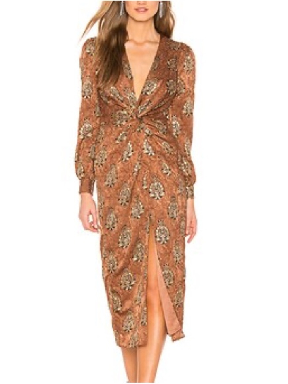 MAJORELLE “Augustina” Brown & Metallic Midi Dress Baroque Paisley Print Revolve